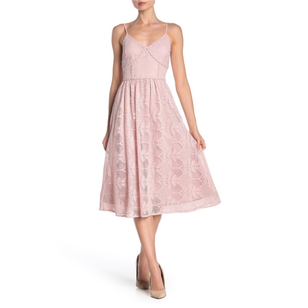 NSR Blush Pink A-Line Midi Lace V-Neck Large Dress
